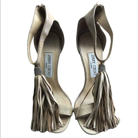 JIMMY CHOO Viola 110 Tan Suede Crystal Tassel High Heeled Sandals Size EU 37.5 - Picture 3 of 15